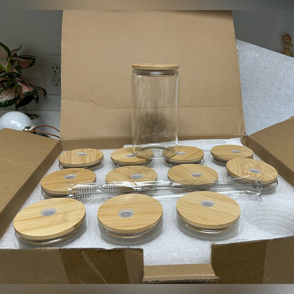 (12) 16 oz Glass Jars with Bamboo Lids Set